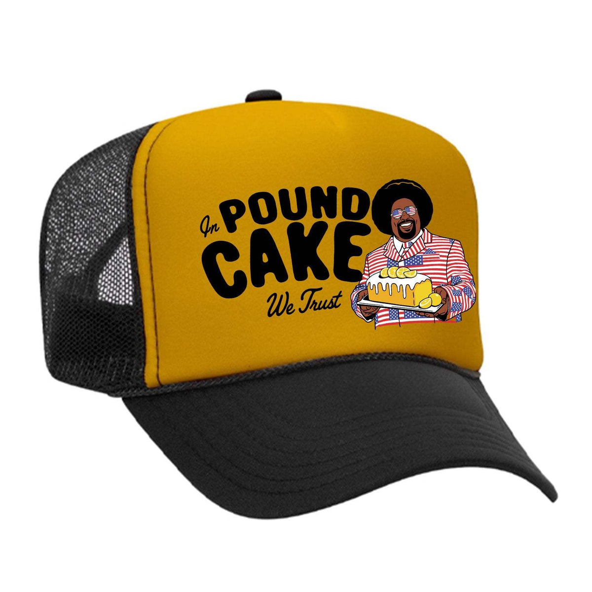 In Pound Cake We Trust Foam Trucker Hat - Black / Gold