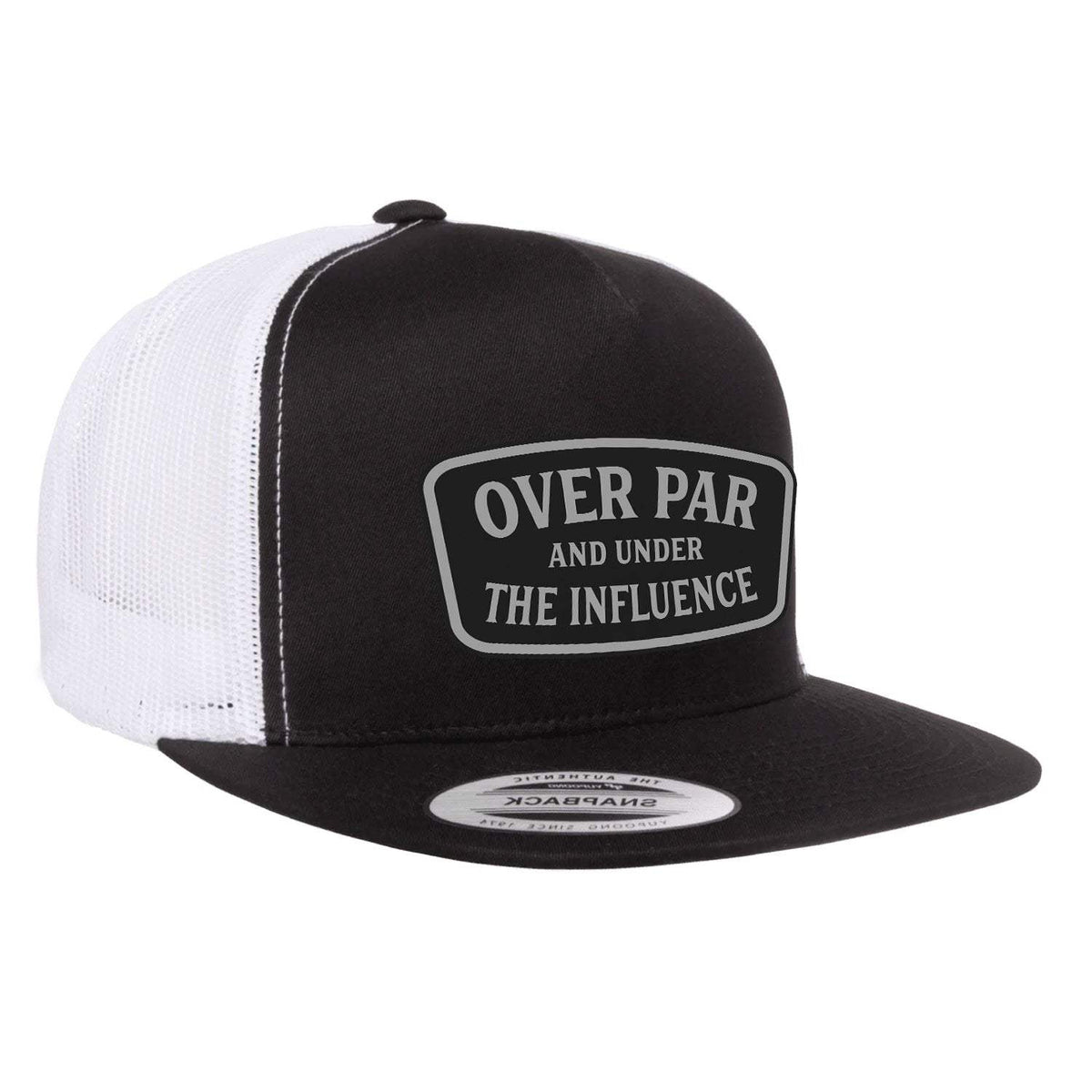 Over Par And Under The Influence Flat Bill Leather Patch Hat - Black / White