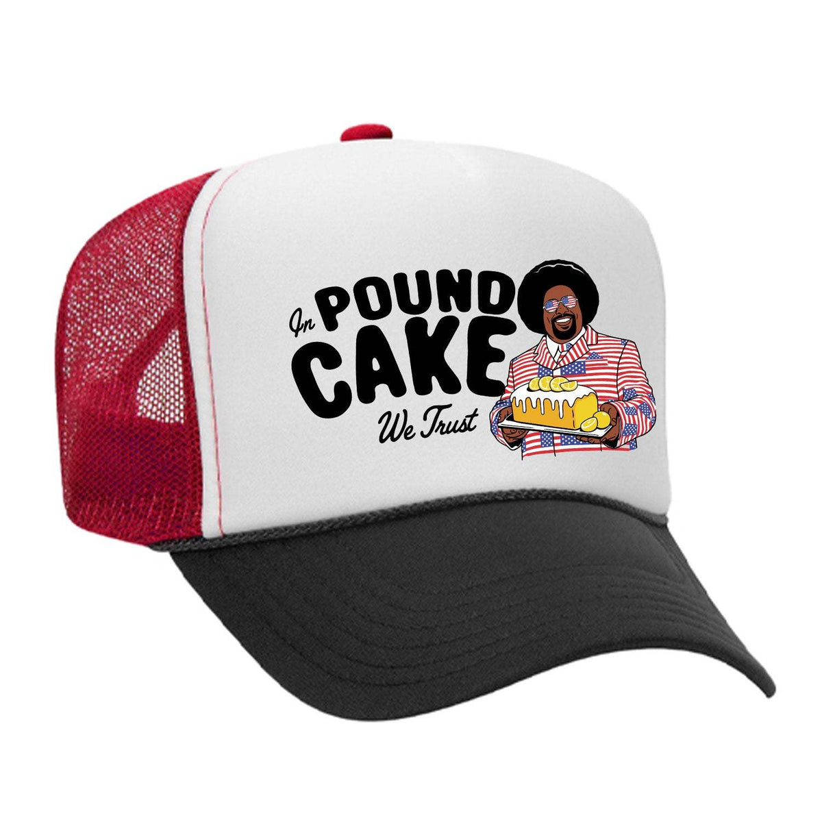 In Pound Cake We Trust Foam Trucker Hat - Black / White / Red