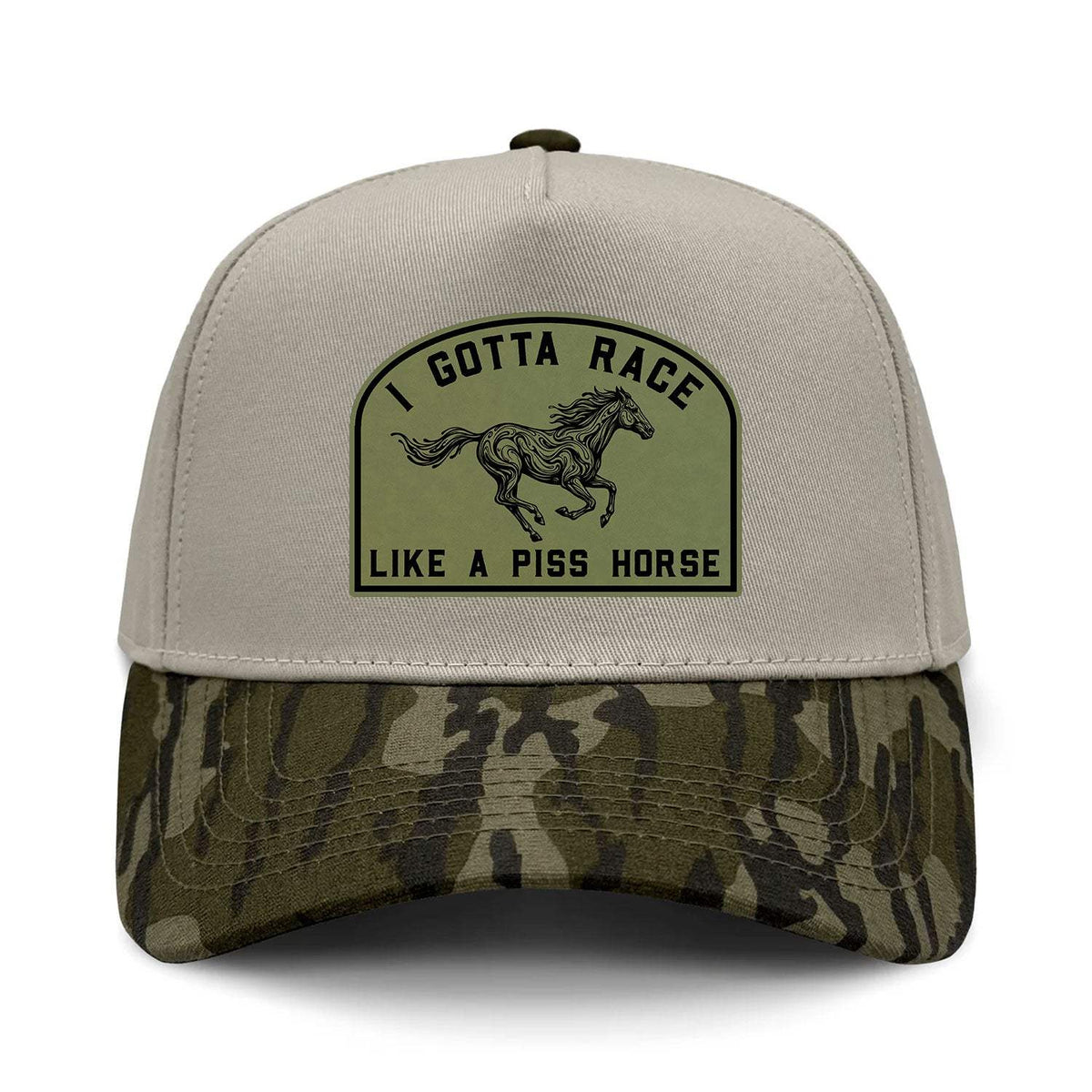 I Gotta Race Like A Piss Horse Hybrid Camo Hat - Bottomland Camo