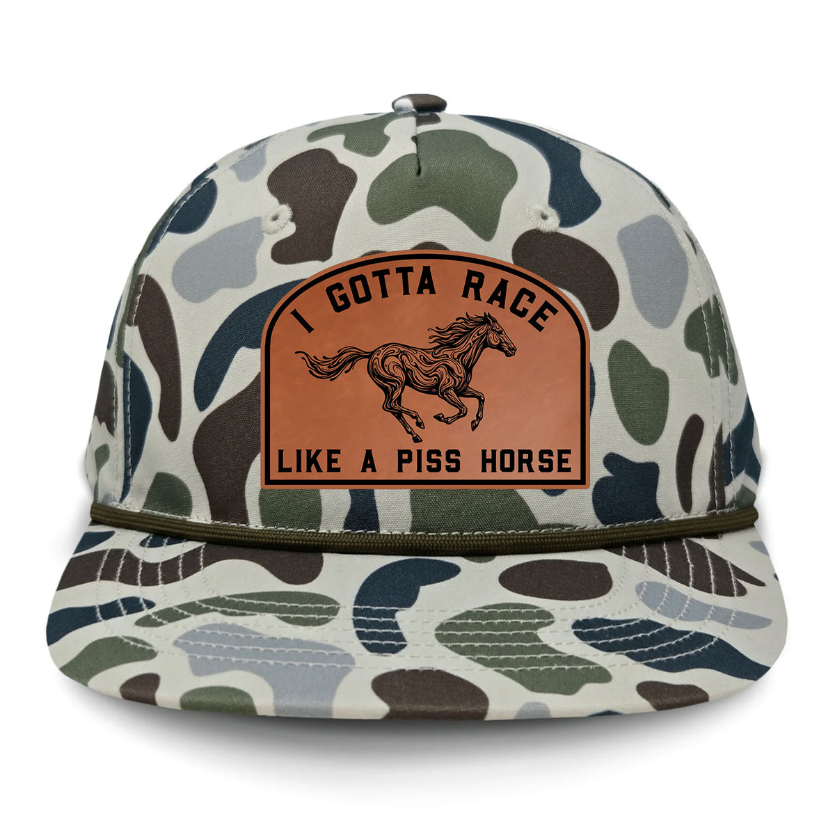 I Gotta Race Like A Piss Horse Flat Bill Rope Leather Patch Hat