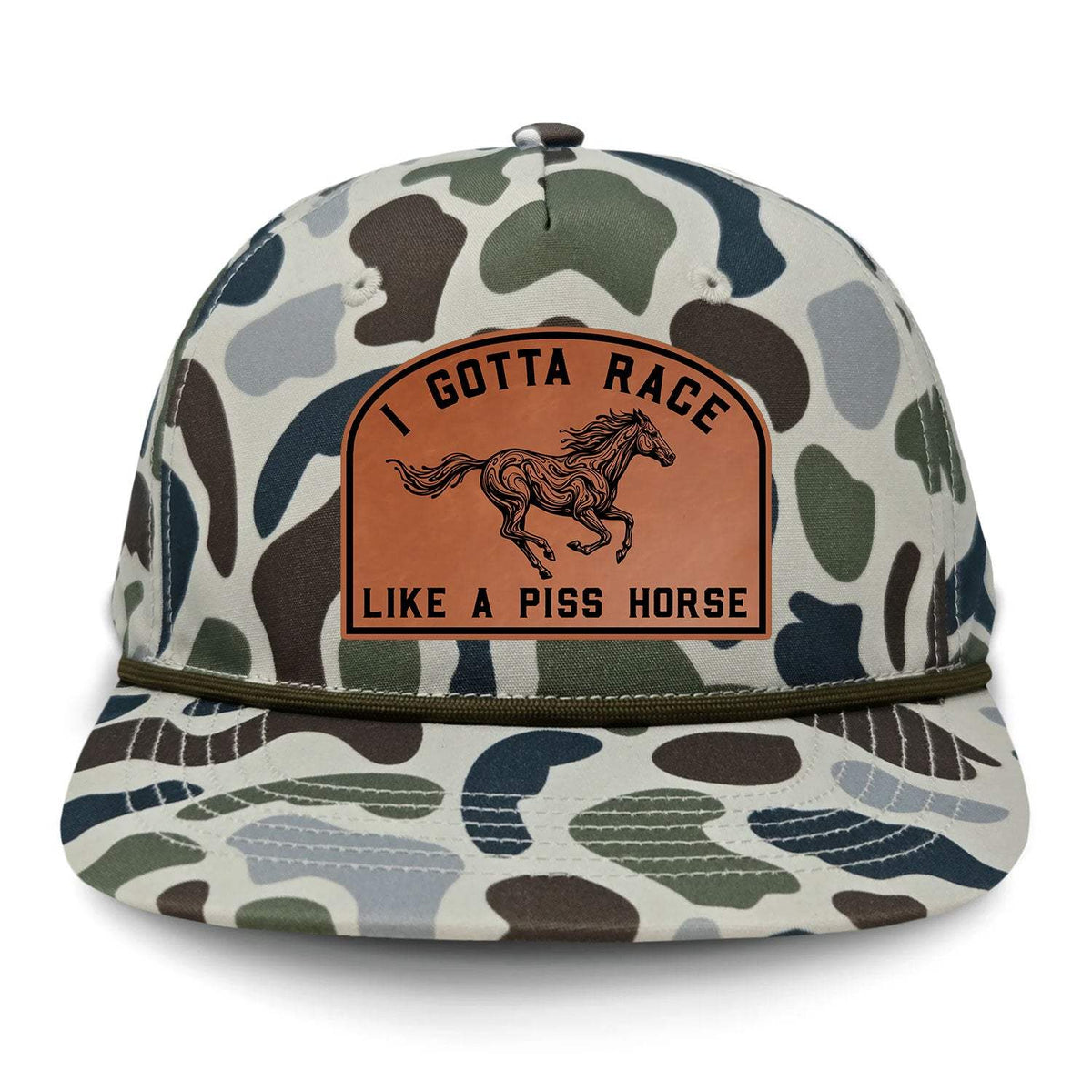 I Gotta Race Like A Piss Horse Flat Bill Rope Leather Patch Hat - Brackish