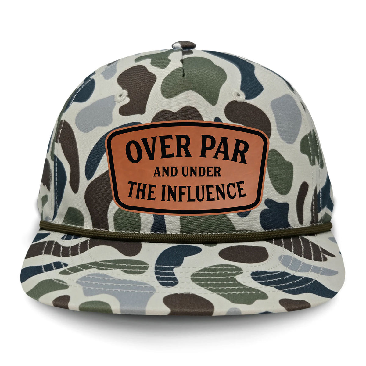 Over Par And Under The Influence Flat Bill Rope Leather Patch Hat