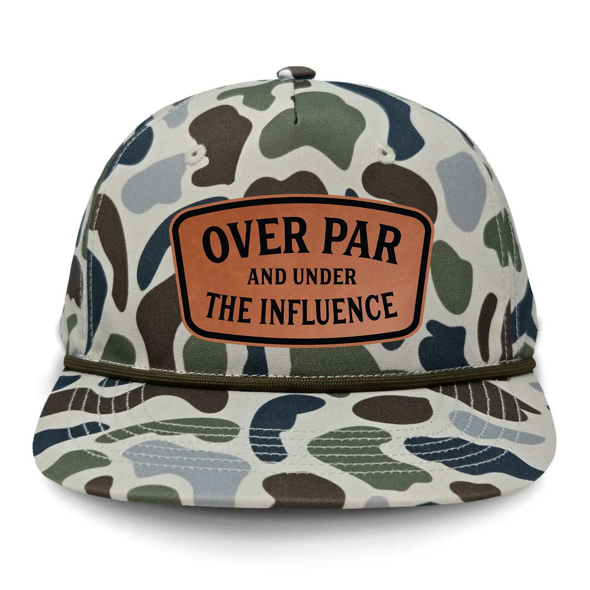 Over Par And Under The Influence Flat Bill Rope Leather Patch Hat - Brackish