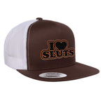 I Love Sluts Flat Bill Hat - Brown / White
