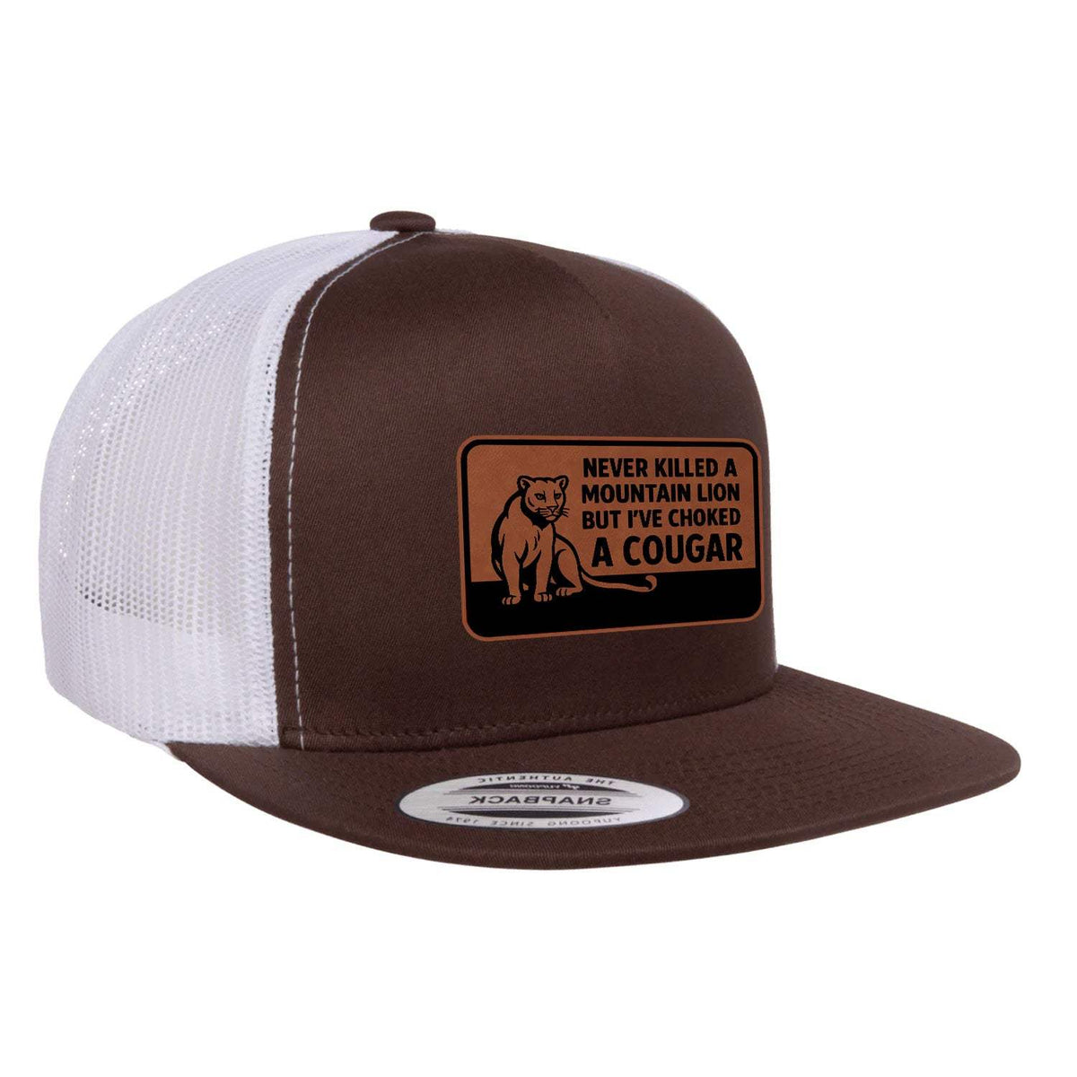 Choked A Cougar Flat Bill Leather Patch Hat - Brown / White