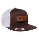 Choked A Cougar Flat Bill Leather Patch Hat - Brown / White
