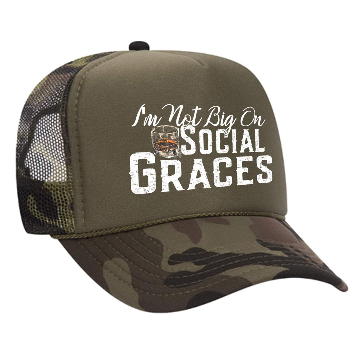 I'm Not Big On Social Graces Foam Trucker Hat - Camo / Dark Green