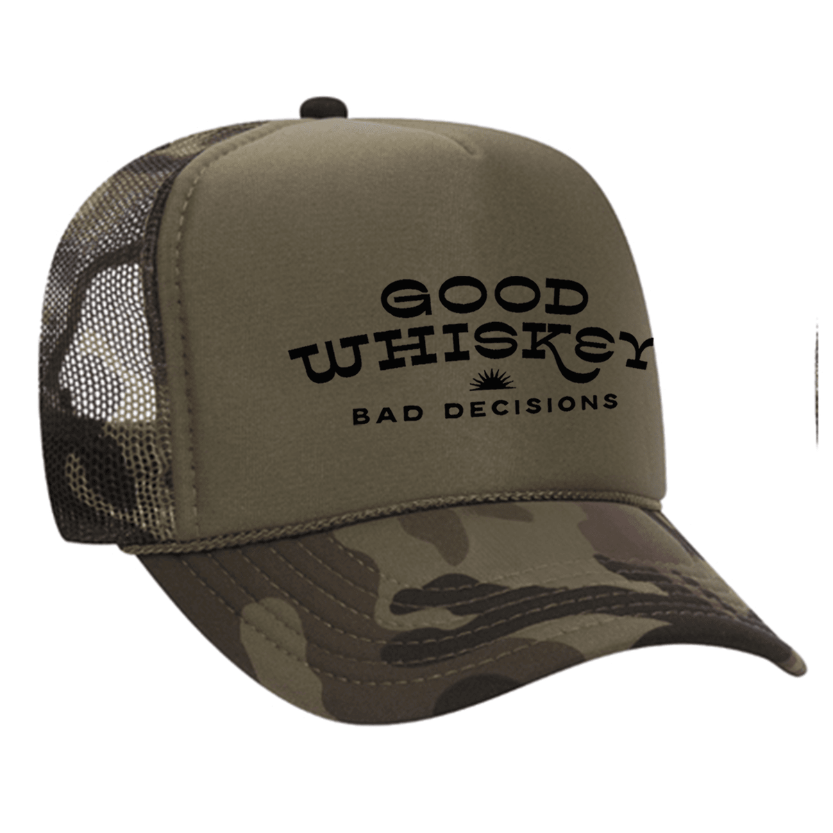 Good Whiskey Bad Decisions Foam Trucker Hat - Camo / Dark Green