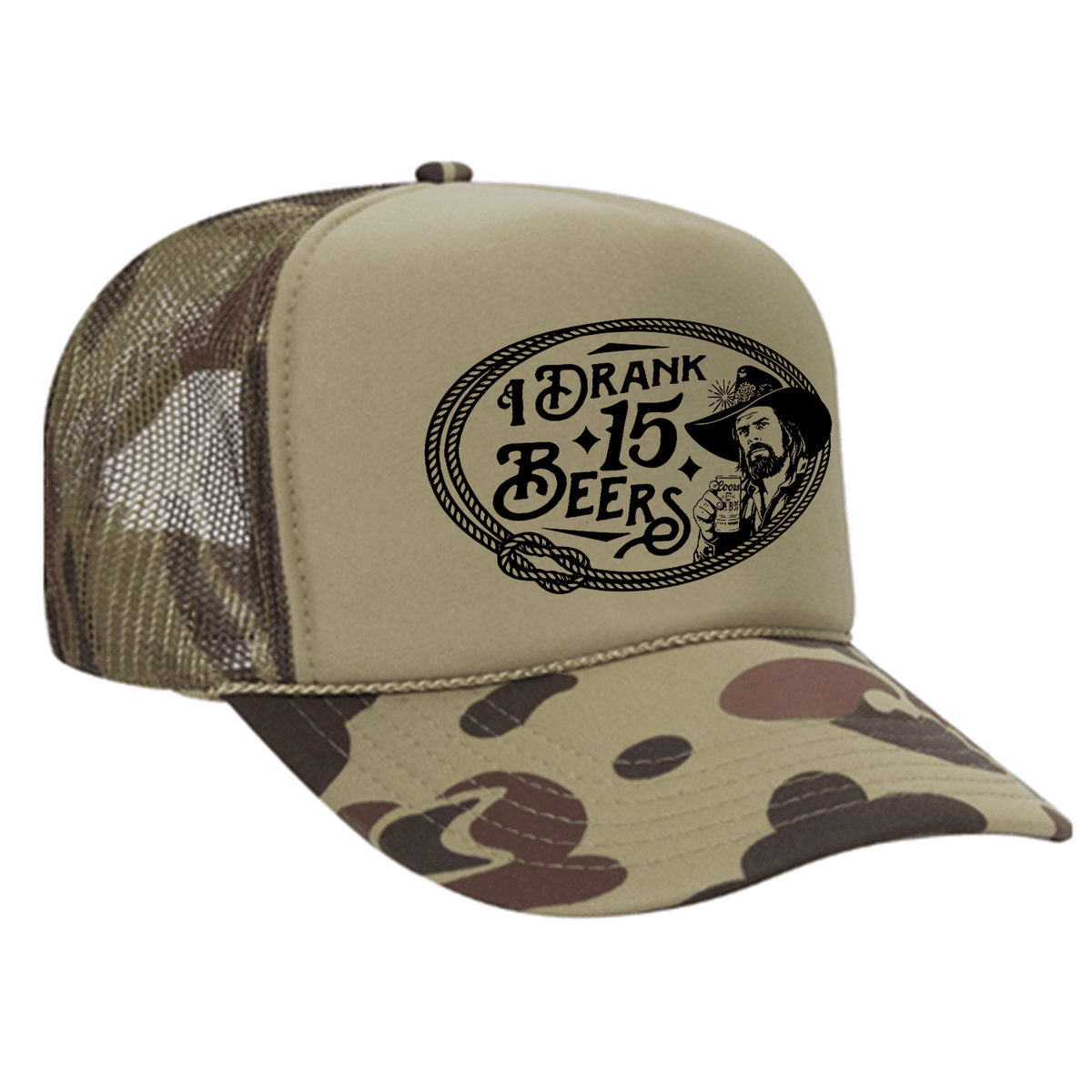 I Drank 15 Beers Foam Trucker Hat - Camo / Light Green
