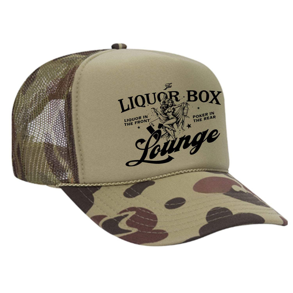 The Liquor Box Lounge Foam Trucker Hat - Camo / Light Green