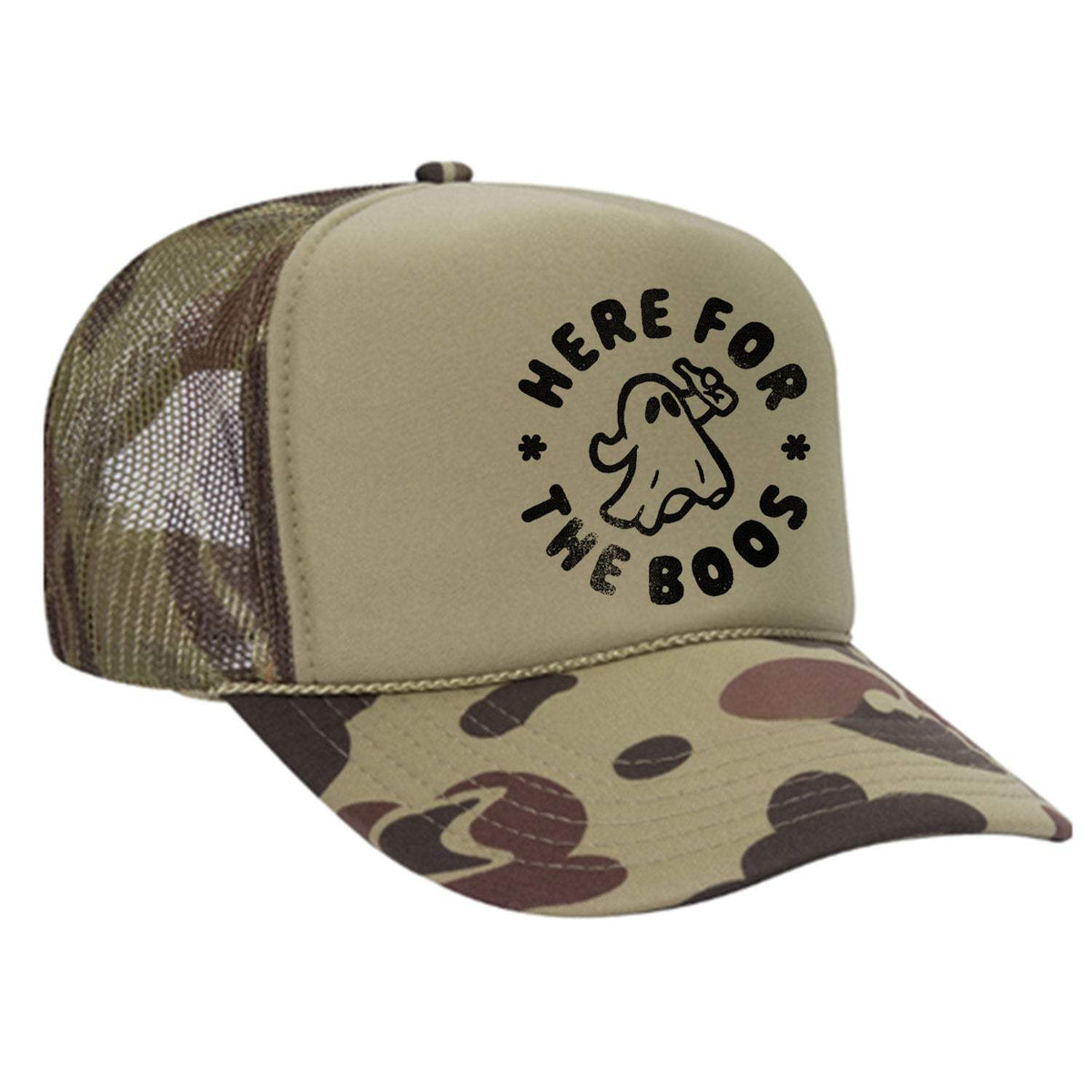 Here For The Boos Foam Trucker Hat - Camo / Light Green