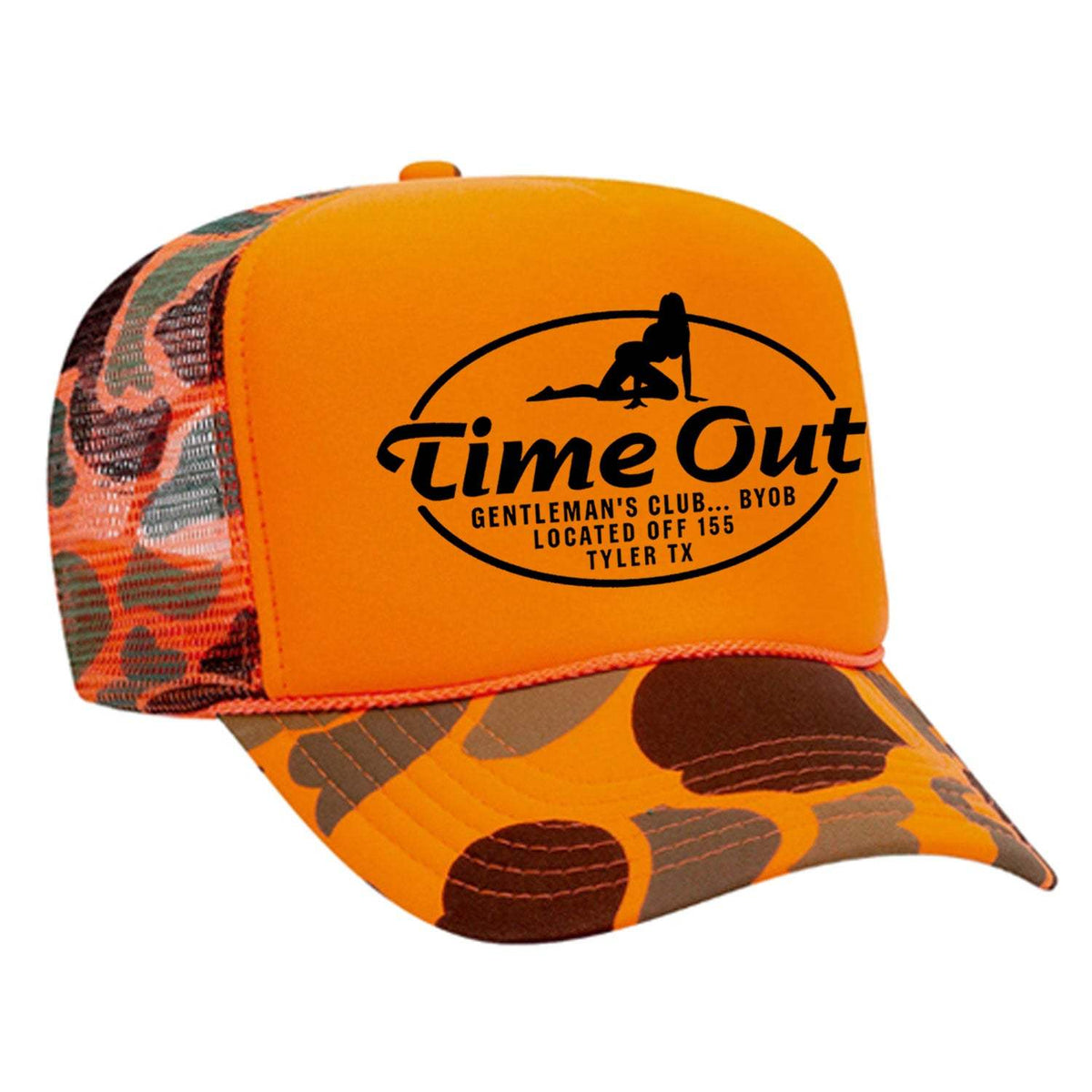 Time Out Gentleman's Club Foam Trucker Hat - Camo / Orange