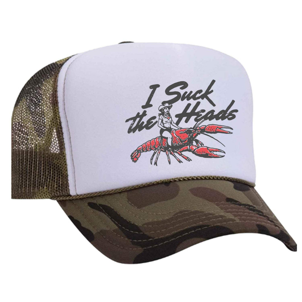 I Suck The Heads Foam Trucker Hat - Camo / White