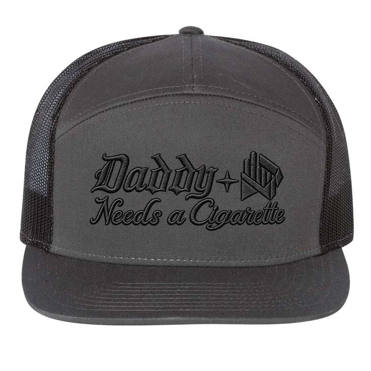 Daddy Needs A Cig Embroidered 7 Panel Hat - Charcoal / Black
