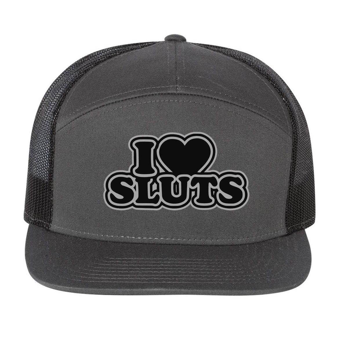 I Love Sluts 7 Panel Hat - Charcoal / Black
