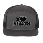I Love Sluts 7 Panel Hat - Charcoal / Black