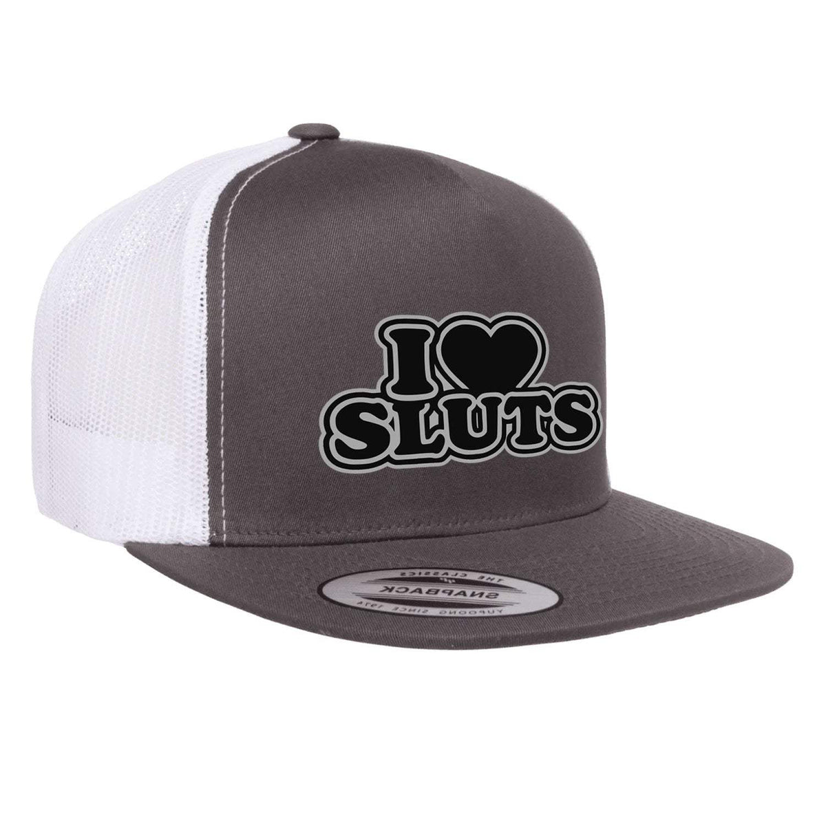 I Love Sluts Flat Bill Hat - Charcoal / White