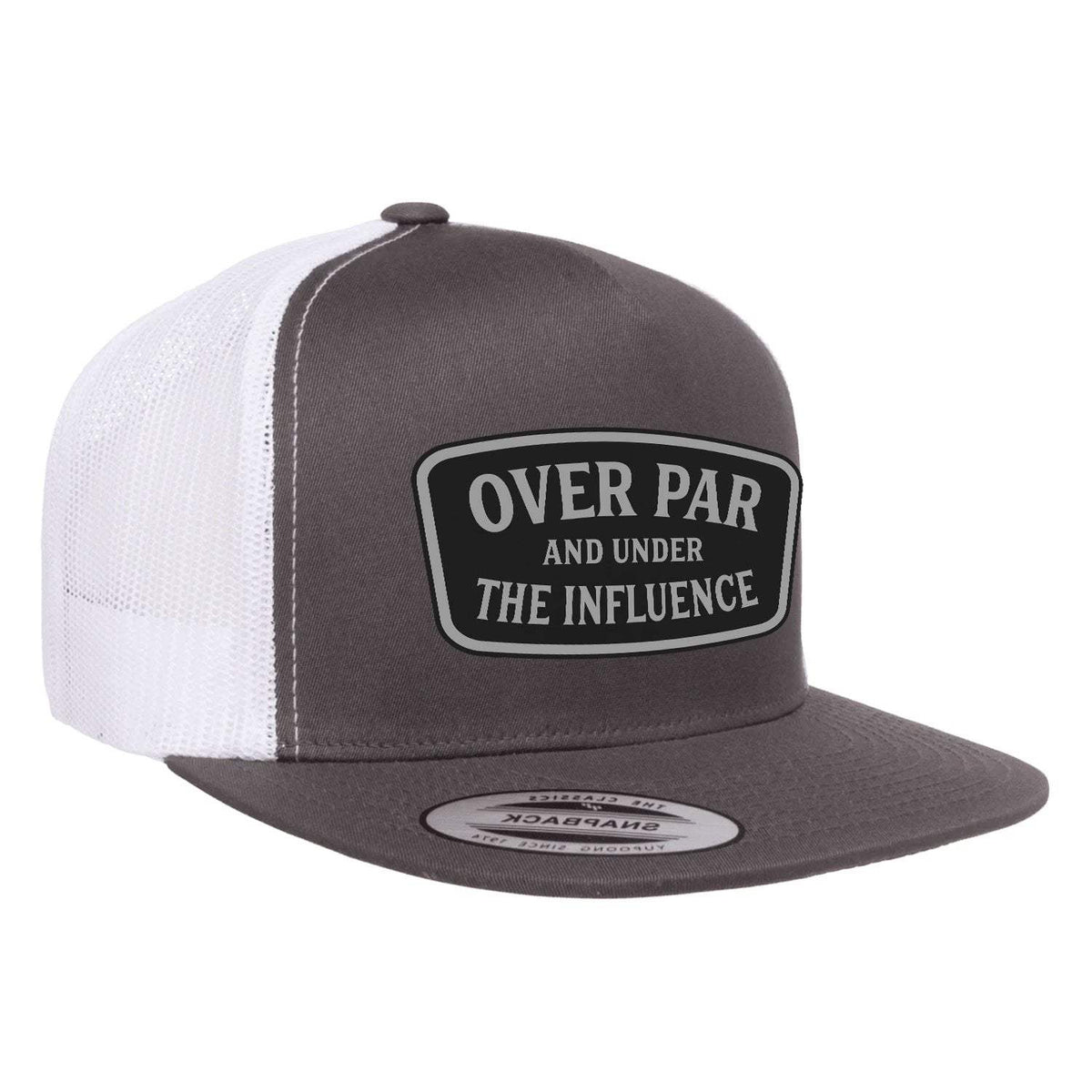 Over Par And Under The Influence Flat Bill Leather Patch Hat - Charcoal / White