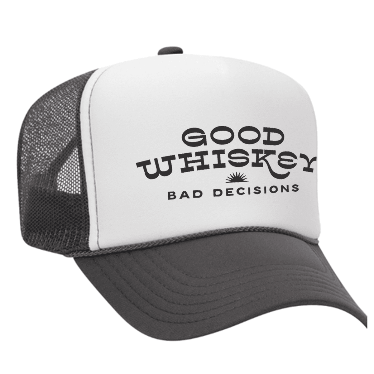 Good Whiskey Bad Decisions Foam Trucker Hat - Charcoal / White