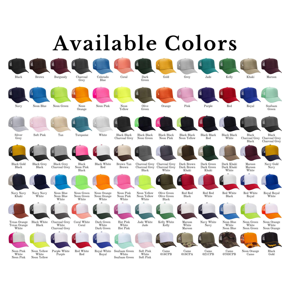 Trucker hat color chart - available colorways | Bad Ass Hat Co
