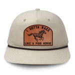 I Gotta Race Like A Piss Horse Flat Bill Rope Leather Patch Hat - Cream