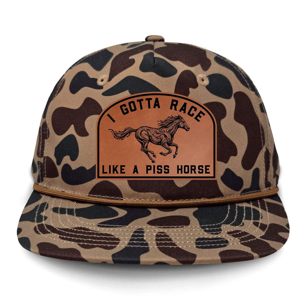 I Gotta Race Like A Piss Horse Flat Bill Rope Leather Patch Hat - Delta