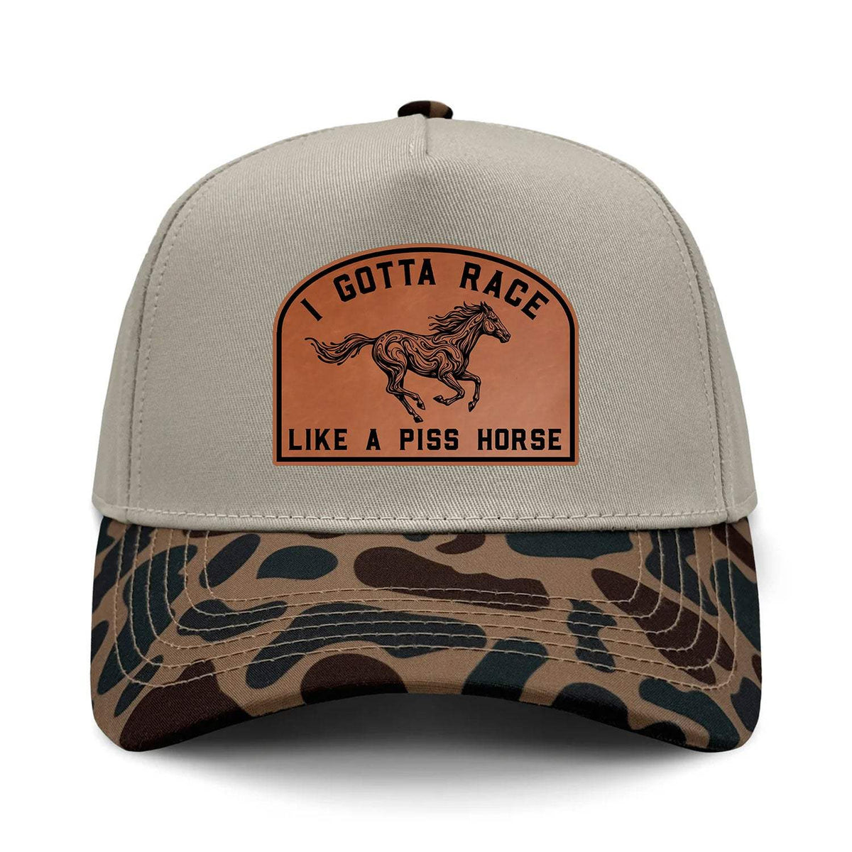 I Gotta Race Like A Piss Horse Hybrid Camo Hat - Delta Camo