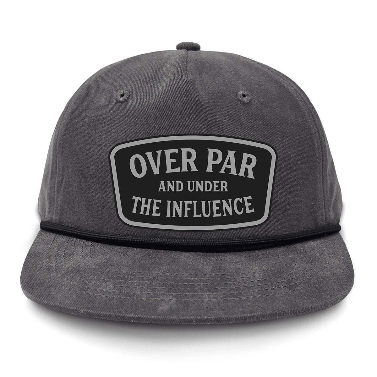 Over Par And Under The Influence Flat Bill Rope Leather Patch Hat - Gunmetal