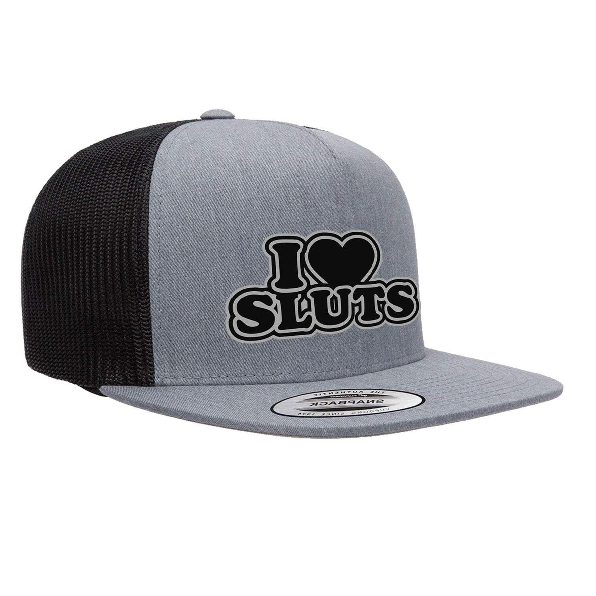 I Love Sluts Flat Bill Hat - Heather Black