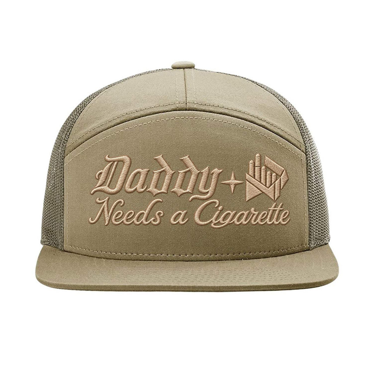Daddy Needs A Cig Embroidered 7 Panel Hat - Khaki / Loden