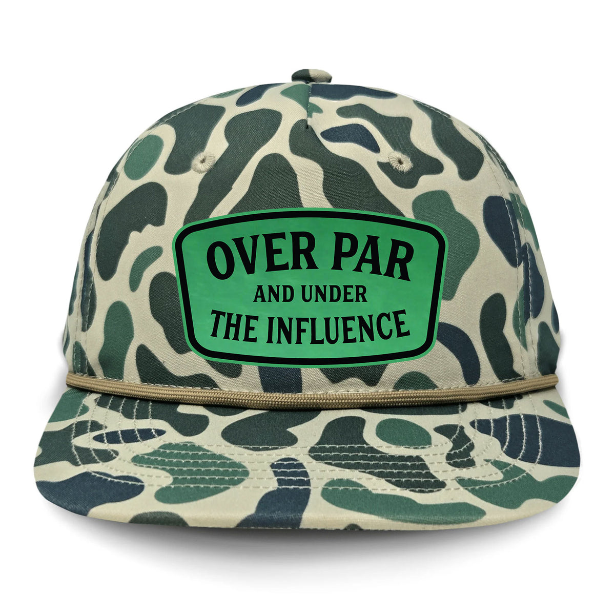 Over Par And Under The Influence Flat Bill Rope Leather Patch Hat
