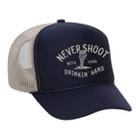 Never Shoot With Your Drinkin' Hand Foam Trucker Hat - Navy / Tan