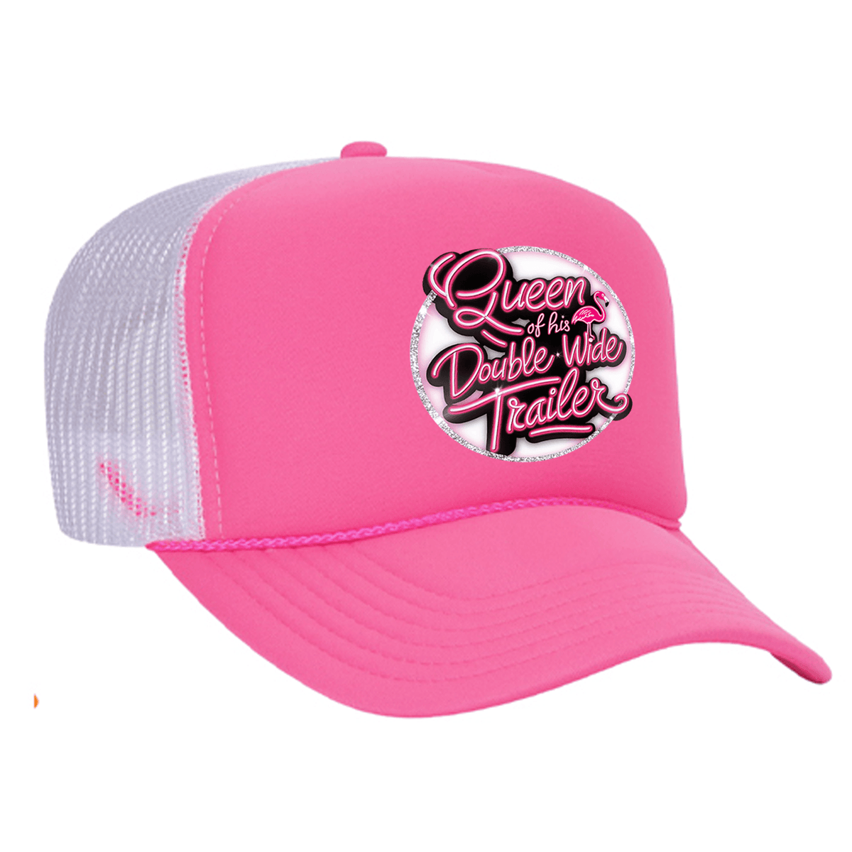 Queen Of His Double Wide Foam Trucker Hat - Neon Pink / White