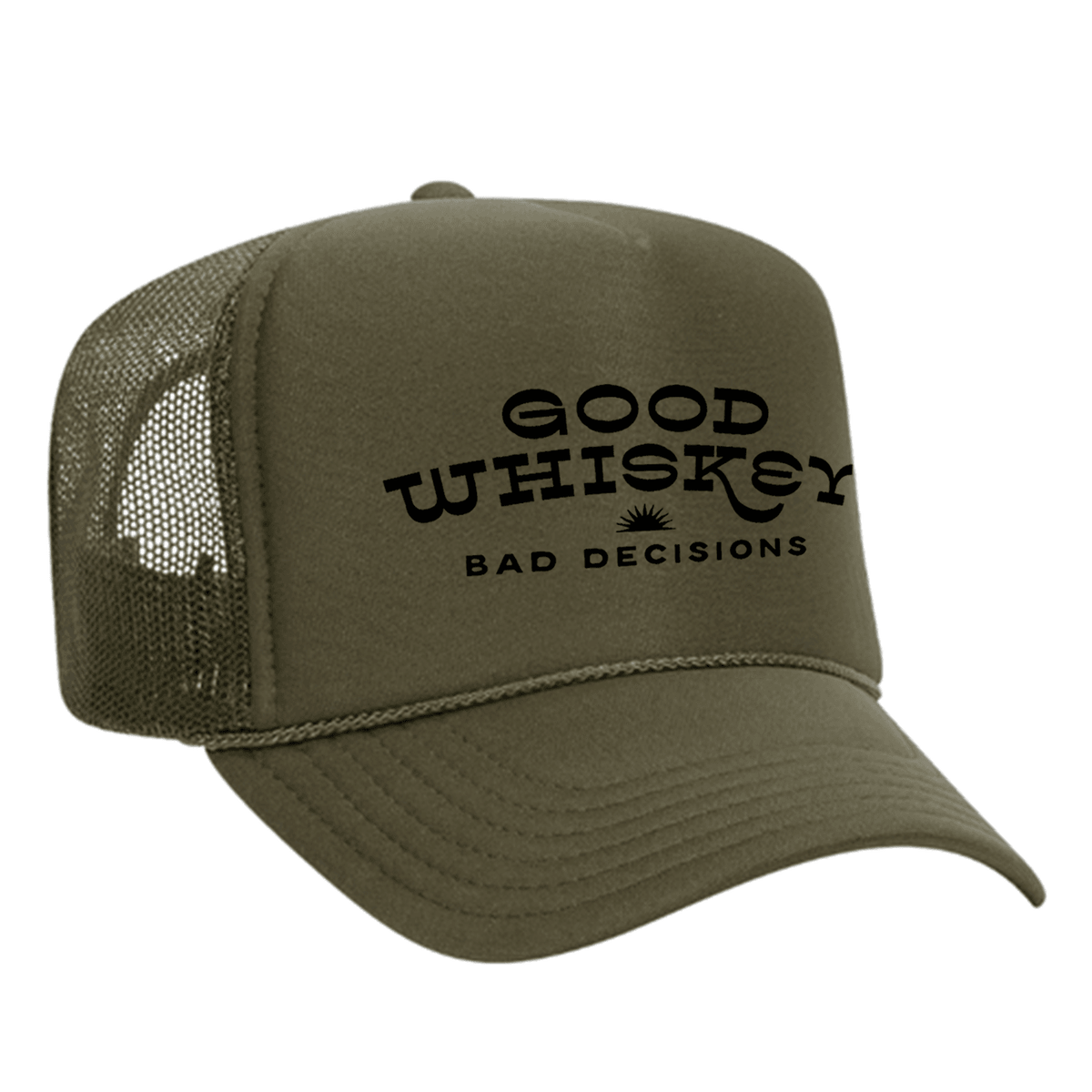 Good Whiskey Bad Decisions Foam Trucker Hat - Olive / Green