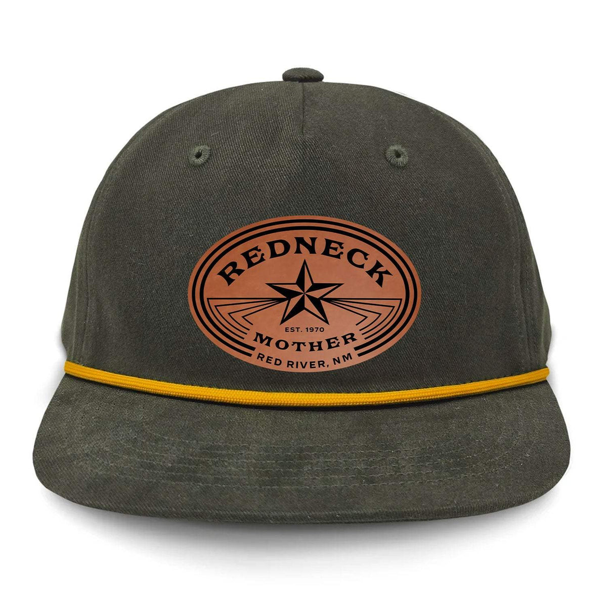 Redneck Mother Flat Bill Rope Leather Patch Hat - Olive