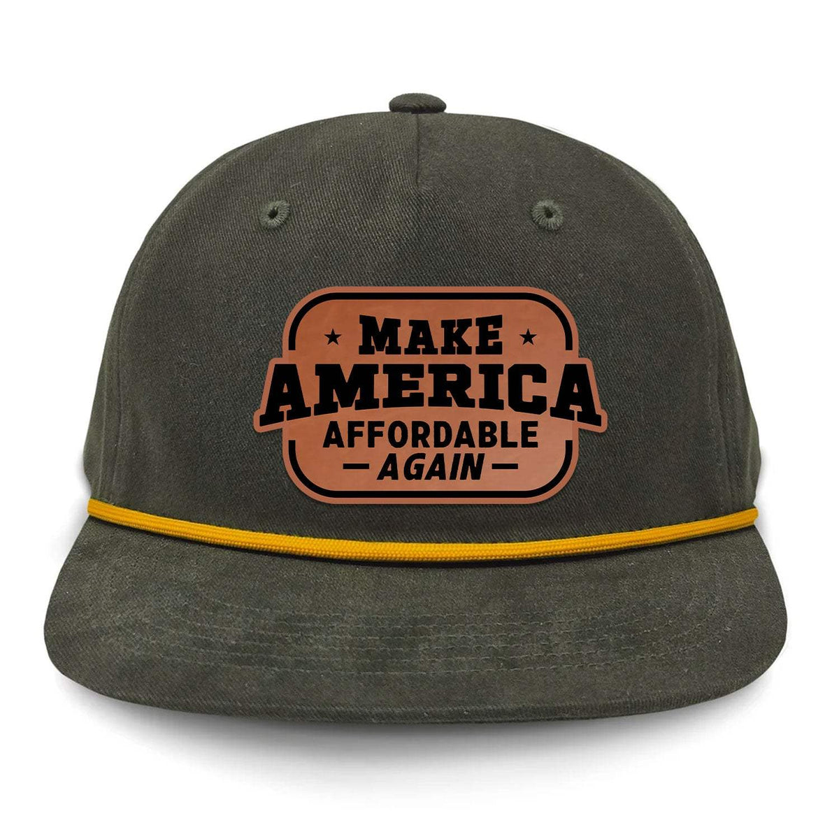 Make America Affordable Again Flat Bill Rope Leather Patch Hat - Olive