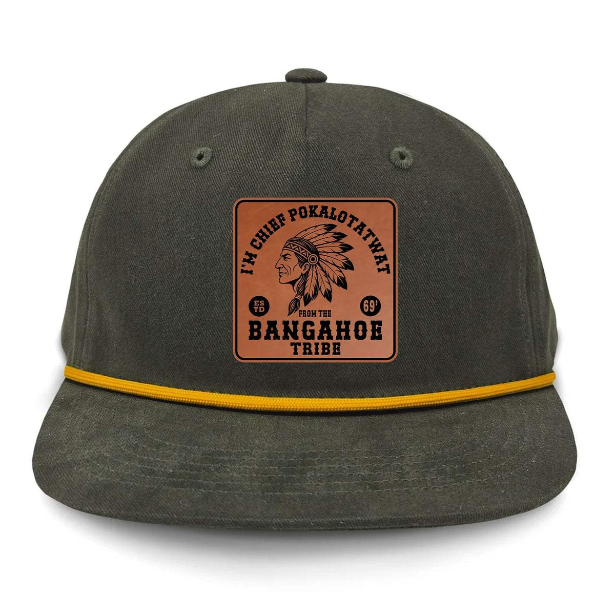 Chief Pokalotatwat Flat Bill Rope Leather Patch Hat - Olive