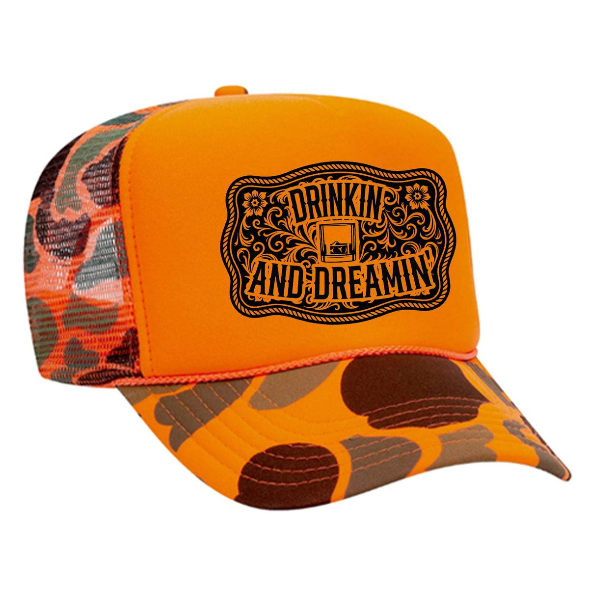 Drinkin' And Dreamin' Foam Trucker Hat - Orange / Camo