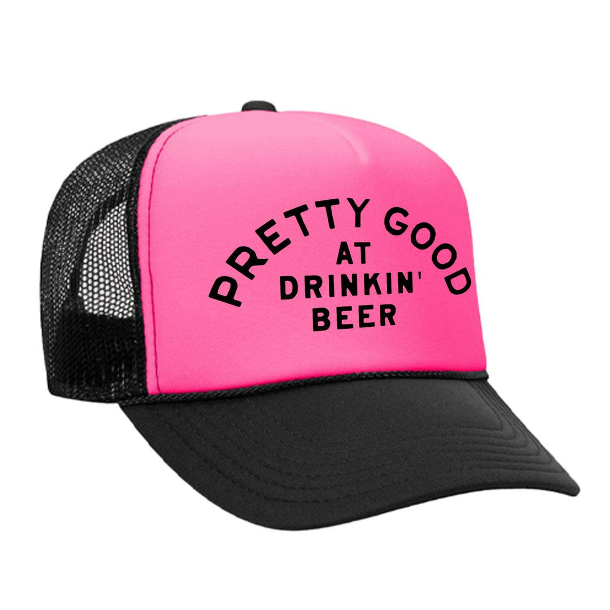 Pretty Good At Drinkin' Beer Foam Trucker Hat - Pink / Black