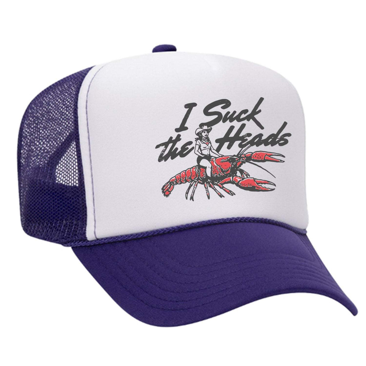 I Suck The Heads Foam Trucker Hat - Purple / White