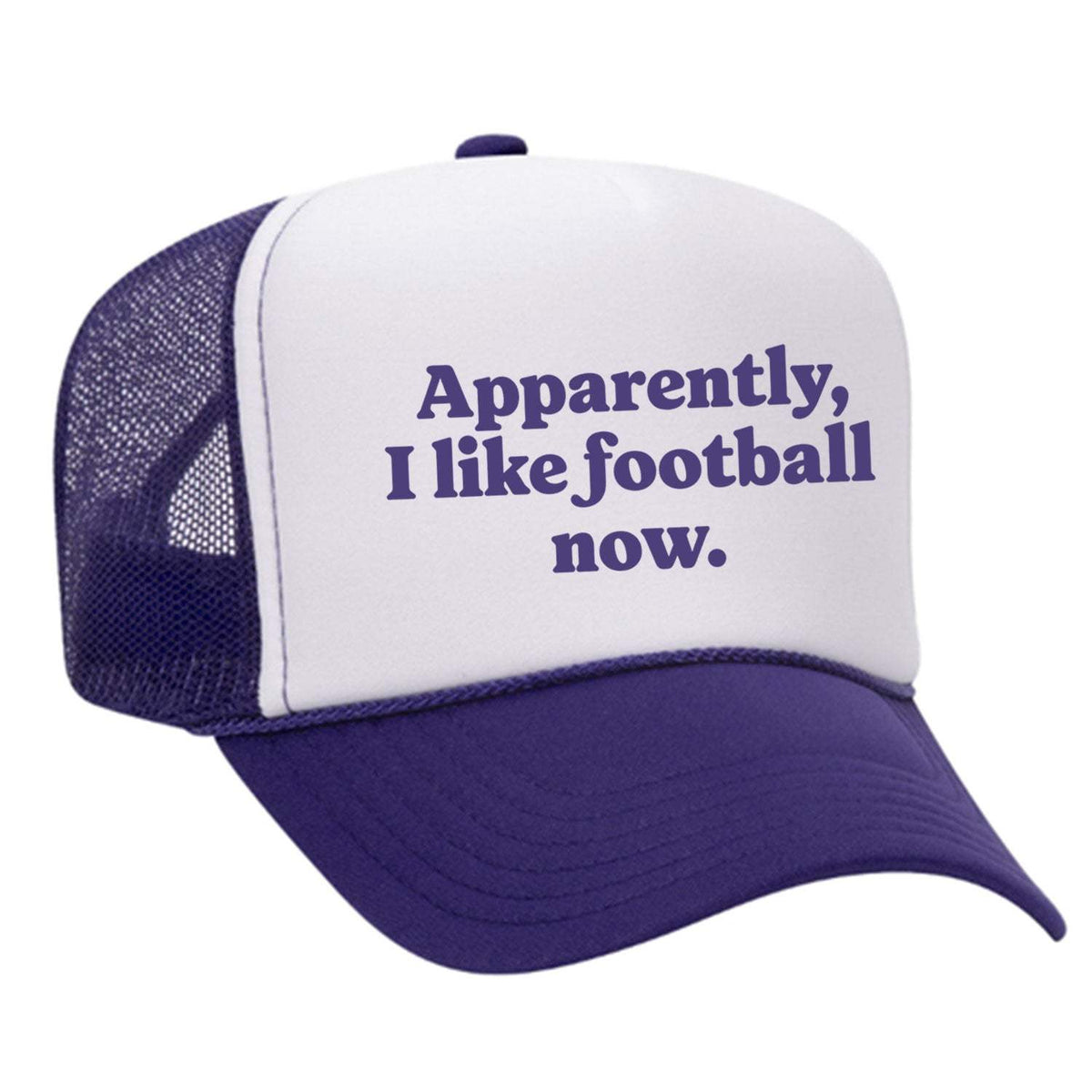 Apparently, I Like Football Now Foam Trucker Hat - Purple / White