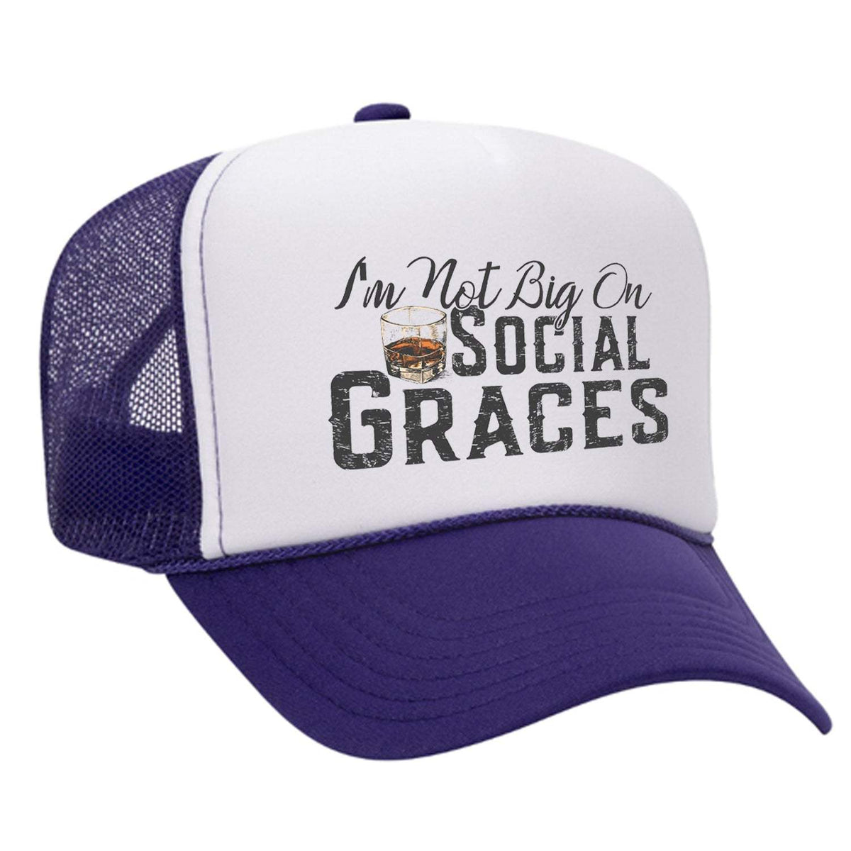 I'm Not Big On Social Graces Foam Trucker Hat - Purple / White