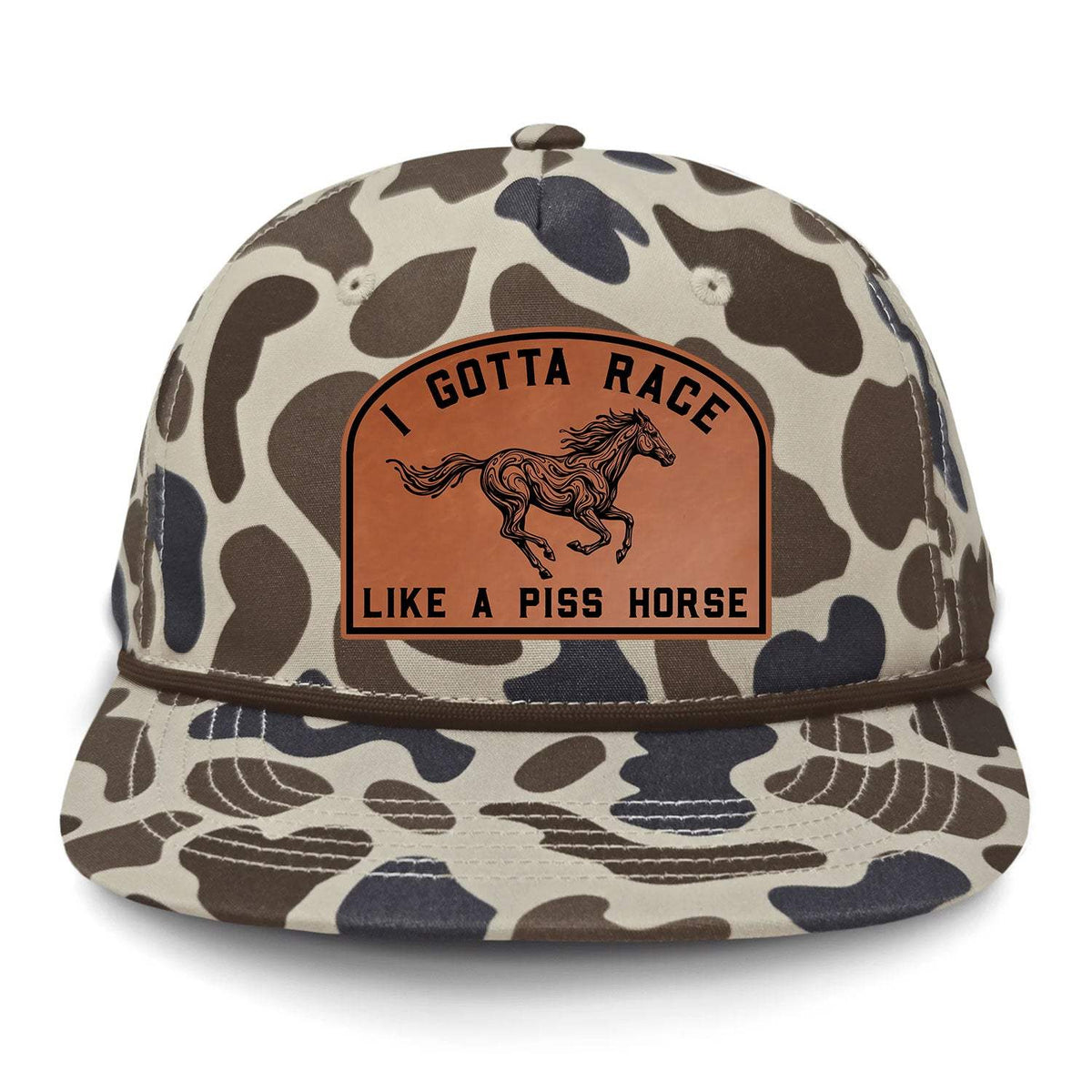 I Gotta Race Like A Piss Horse Flat Bill Rope Leather Patch Hat - Slough