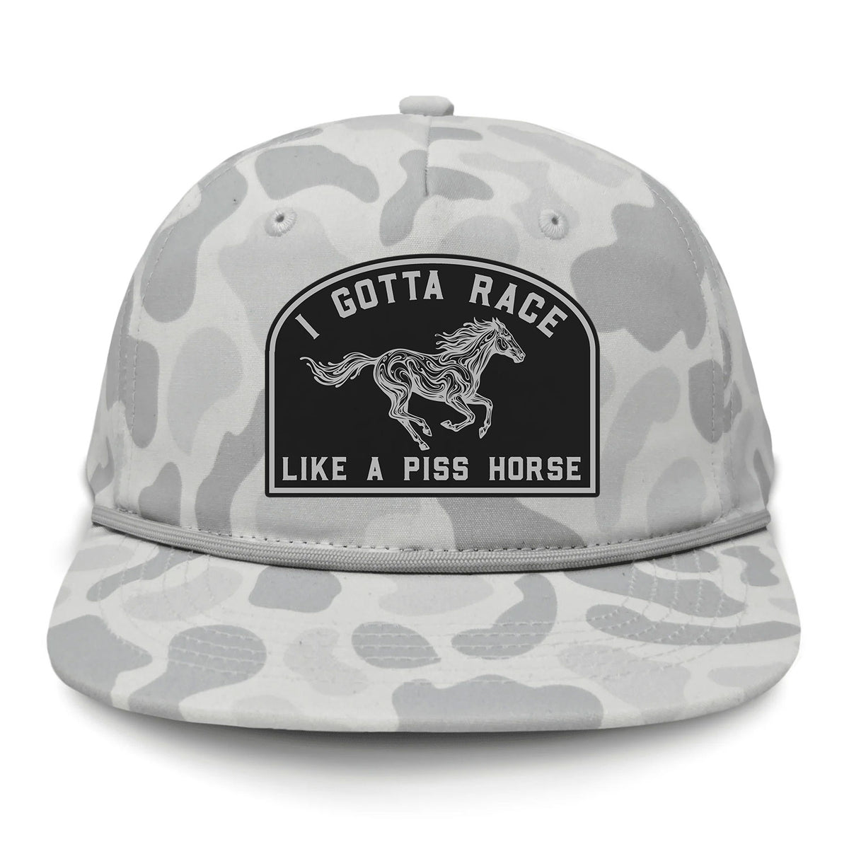 I Gotta Race Like A Piss Horse Flat Bill Rope Leather Patch Hat