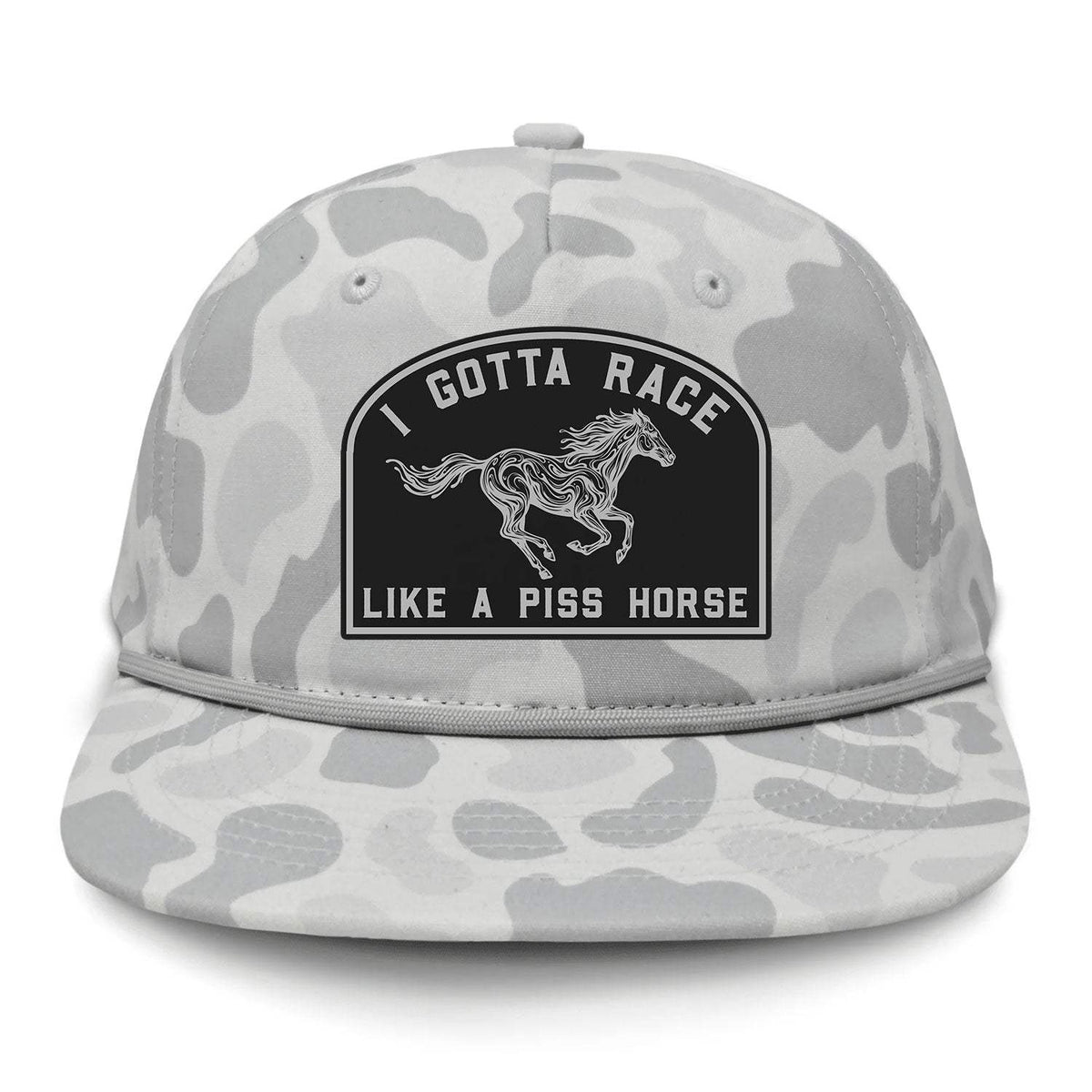 I Gotta Race Like A Piss Horse Flat Bill Rope Leather Patch Hat - Sneaux