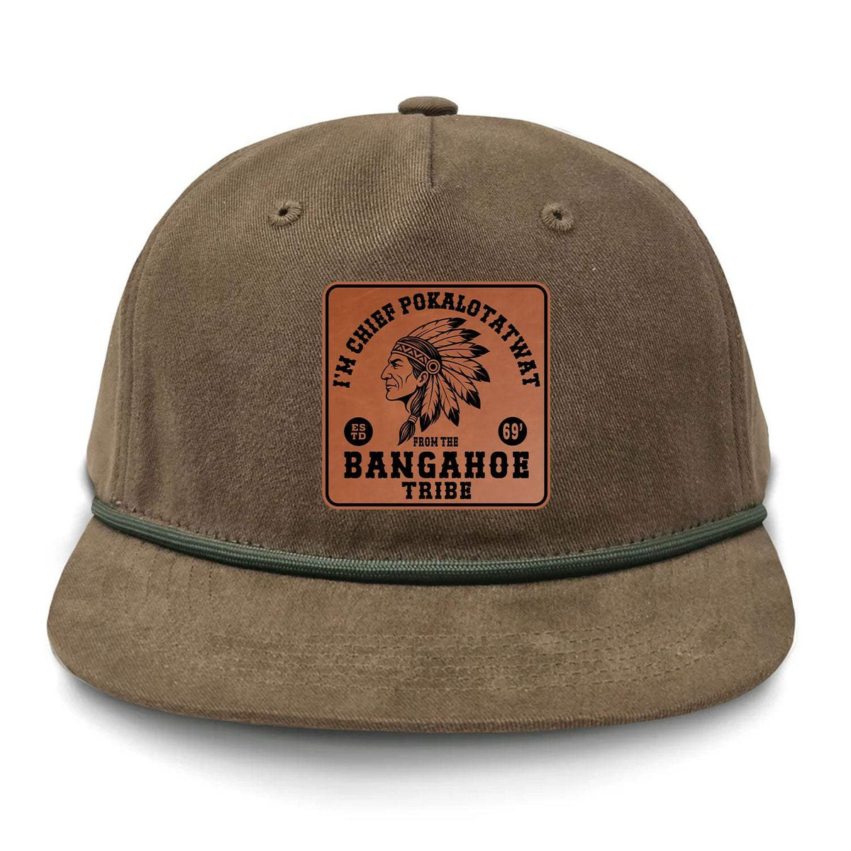 Chief Pokalotatwat Flat Bill Rope Leather Patch Hat - Tobacco