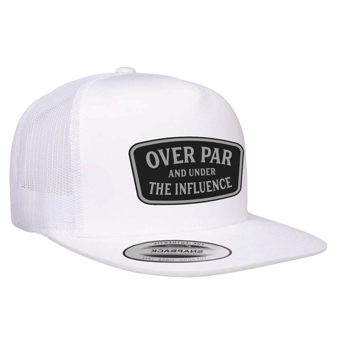 Over Par And Under The Influence Flat Bill Leather Patch Hat - White