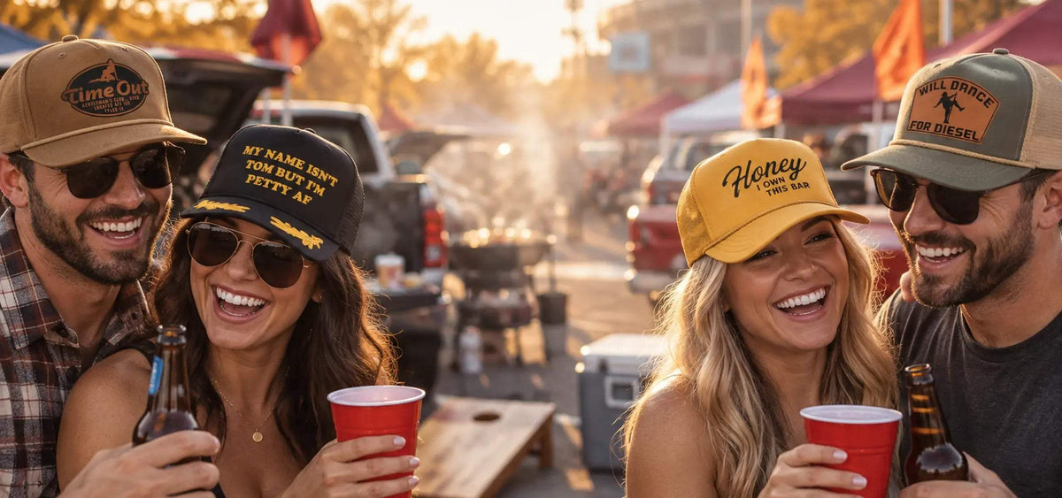 Friends tailgating in Bad Ass Hat Co trucker hats