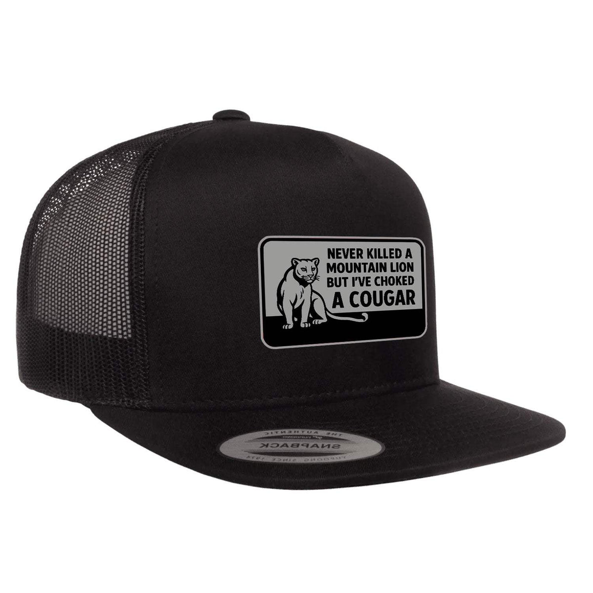 Choked A Cougar Flat Bill Leather Patch Hat - Black